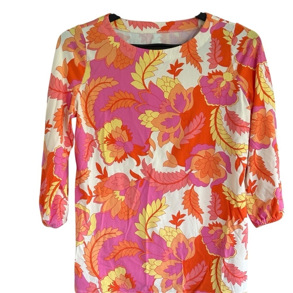 Belle by Susan Gravel QVC Size XS Orange Pink Floral Top Blouse Boho